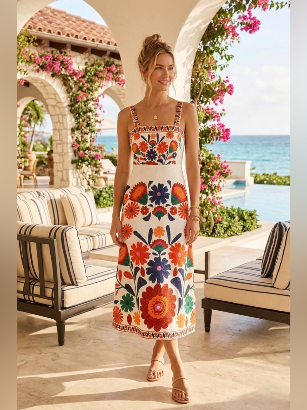 NWT Boho Floral Embroidered Midi Dress |White Multicolor Sleeveless Summer Dress